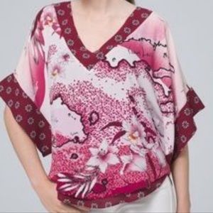 WHBM blouse in burgundy color with Tropical islands print.
